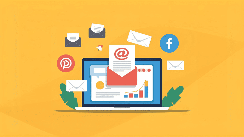 Illustration of email marketing with a laptop showing charts, email icons, and social media symbols like Facebook and Pinterest.