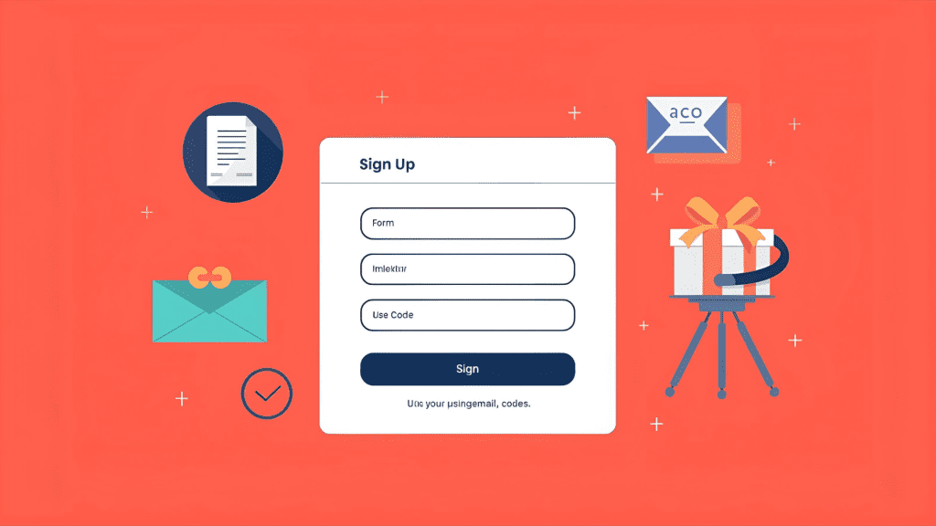 Sign-up form illustration with emails, documents, and a gift box representing goals of building an email list through incentives.