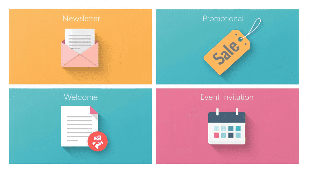 Infographic showing types of marketing emails: newsletter, promotional sale, welcome email, and event invitation