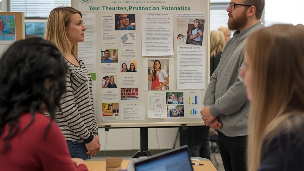 College students presenting a project using content marketing tools.