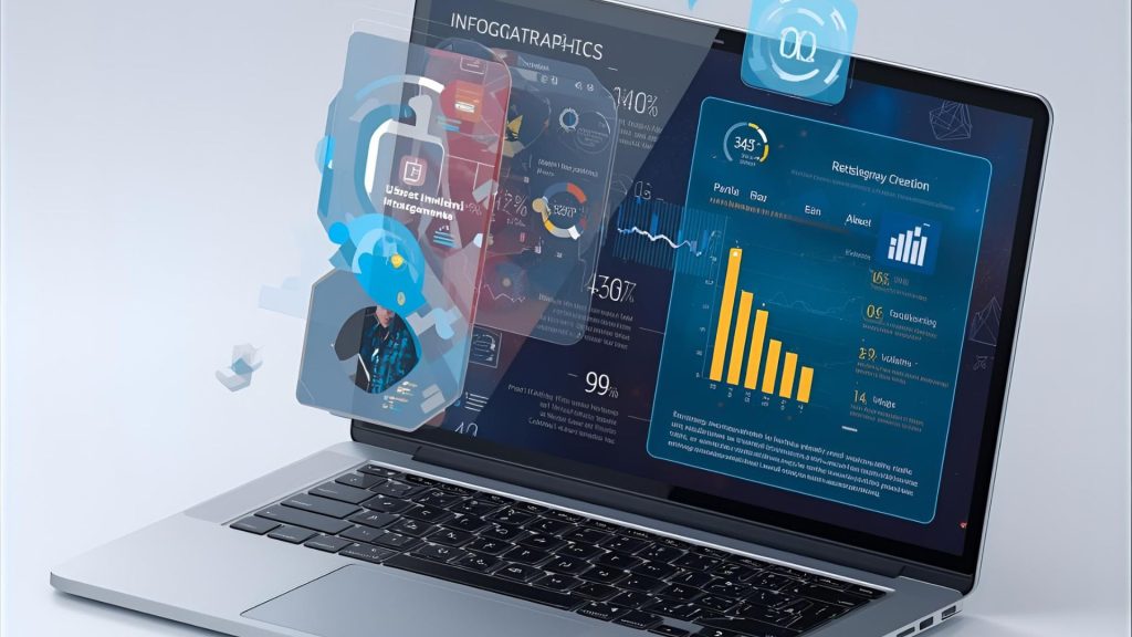 Infographic design on a laptop screen representing student content marketing