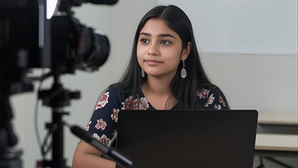Student recording a video presentation for a class project