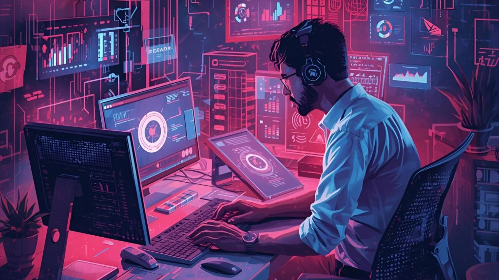 Digital marketer working on laptop with multiple automation tools for SEO, email, and social media